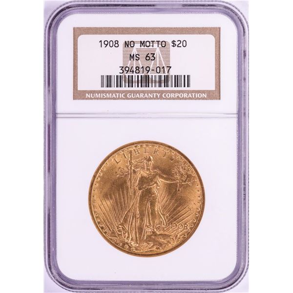 1908 No Motto $20 St. Gaudens Double Eagle Gold Coin NGC MS63