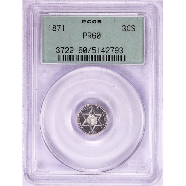 1871 Proof Three Cent Silver Piece Coin PCGS PR60 Old Green Holder
