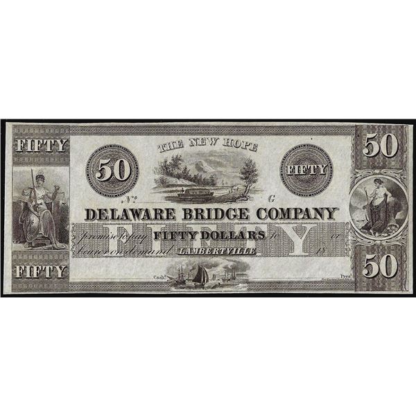 1800's $50 Delaware Bridge Lambertville, N.J.  Obsolete Banknote