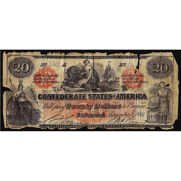 Contemporary Counterfeit 1861 $20 Confederate States of America Note