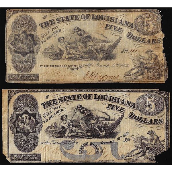 Lot of (2) 1863 $5 The State of Louisiana Baton Rouge, LA Obsolete Banknotes