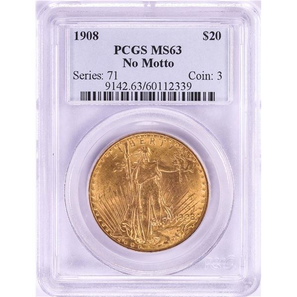 1908 No Motto $20 St. Gaudens Double Eagle Gold Coin PCGS MS63