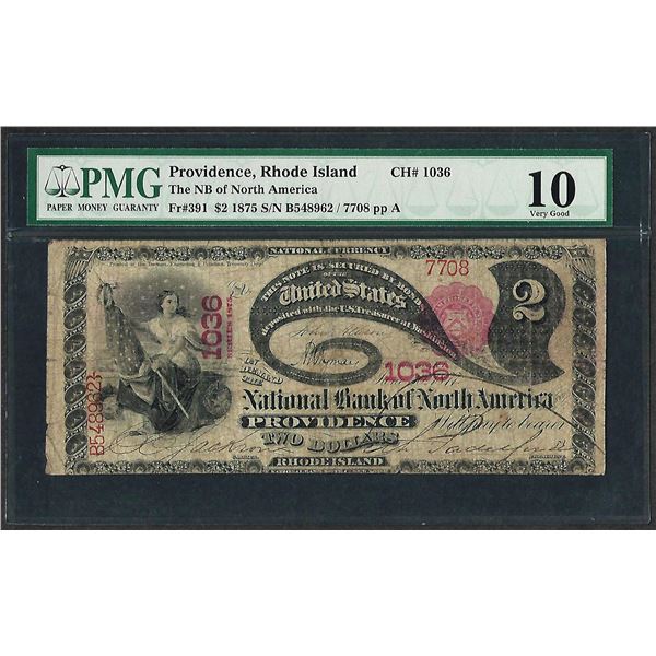 1875 $2 Lazy Deuce North America Providence, RI National Currency Note PMG Very Good 10