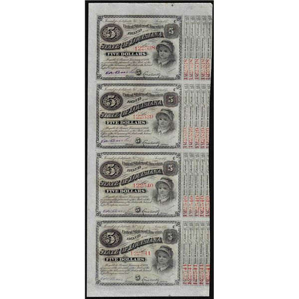 Uncut Sheet of (4) State of Louisiana Baby Bond Obsolete Notes