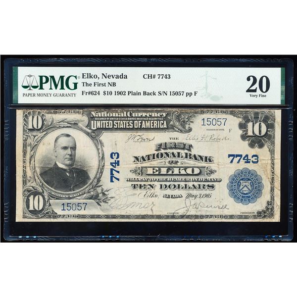 1902PB $10 First NB of Elko, NV CH# 7743 National Bank Note PMG Very Fine 20