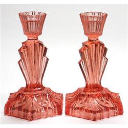 Pink Depression Glass Art Deco Candlesticks #1849883