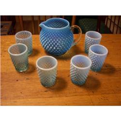 Blue Opalescent Hobnail Juice Pitcher & 6 #1850104