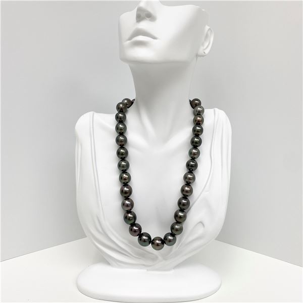 12-14mm Tahitian Dark Near-Round Pearl Necklace with Gold Clasp