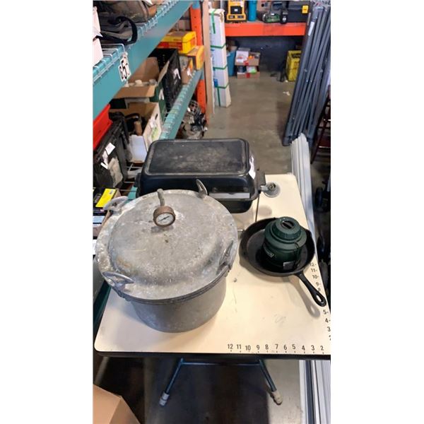 PRESSURE COOKER, CAST IRON PAN, CAMP STOVE AND COLEMAN LANTERN