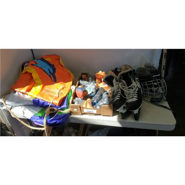 Lot of new dog toys, pool inflatables and Hockey equipment