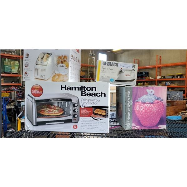 Hamilton beach convection toaster oven with toaster, cookie jar and iron said to be all new