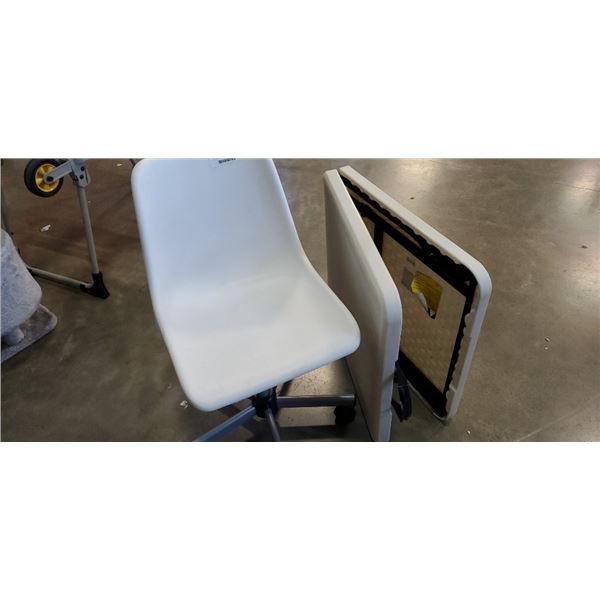 4 ft folding table and plastic swivel chair