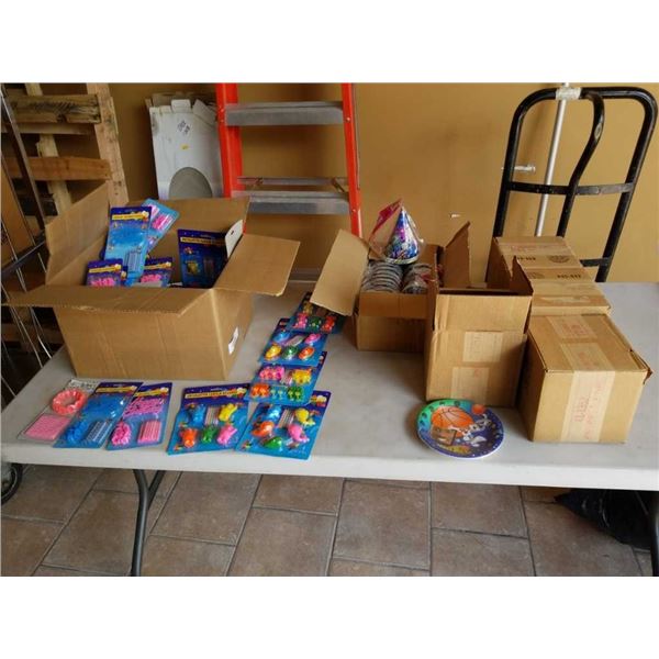 LOT OF PARTY SUPPLIES, CANDLE SETS, HATS, SPACE JAM PLATES