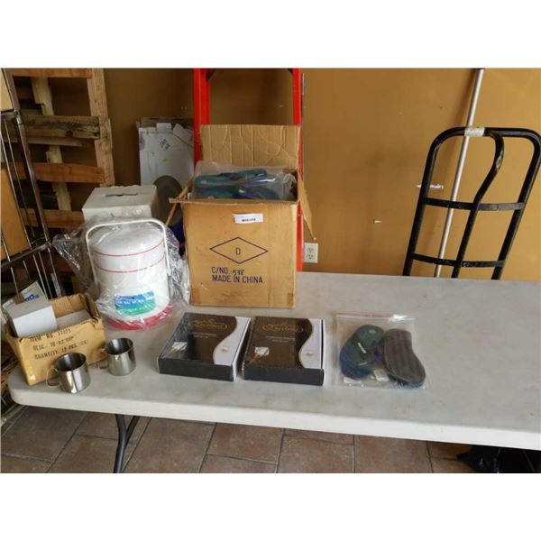 LOT OF STAINLESS CUPS, SANDALS, LEATHER TREATMENT KIT AND BENTO TIERED LUNCH CONTAINER