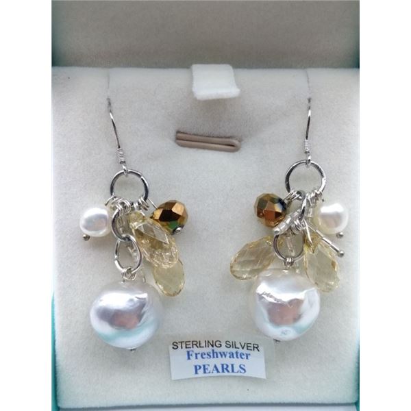 STERLING SILVER DANGLE EARRINGS SET WITH 4 FRESH WATER PEARLS AND ASSORTED CRYSTALS RETAIL $450