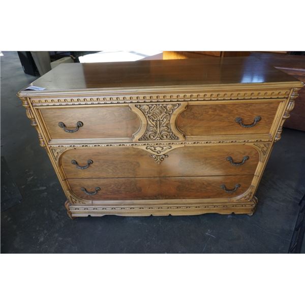 VINTAGE CARVED 3 DRAWER DRESSER - 4 FOOT WIDE X 20 INCHES DEEP X 34 TALL