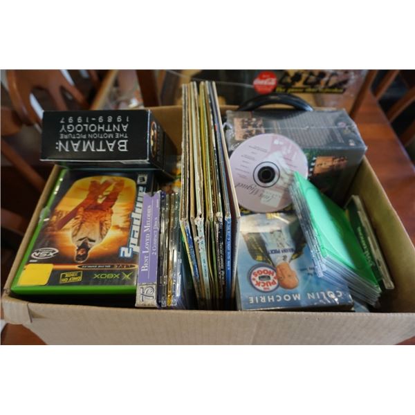 BOX OF DVDS, RECORDS, CDS