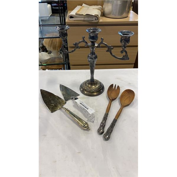 SILVER PLATE BIRKS SALAD FORKS, SILVER PLATE CANDLE HOLDER, AND SERVING UTENSILS