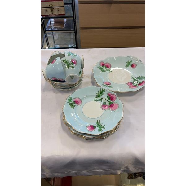 FOLEY GLENGARY THISTLE CHINA SET - 4 CUPS AND SAUCERS, 6 SIDE PLATES AND SERVING PLATE