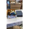 Image 1 : TRAY OF COLLECTABLES, SALT AND PEPPERS, WHISKEY SIPS, SAKE CUPS, TEA CUPS AND STAINLESS CASED KNIFE 