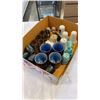 Image 2 : TRAY OF COLLECTABLES, SALT AND PEPPERS, WHISKEY SIPS, SAKE CUPS, TEA CUPS AND STAINLESS CASED KNIFE 