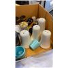 Image 3 : TRAY OF COLLECTABLES, SALT AND PEPPERS, WHISKEY SIPS, SAKE CUPS, TEA CUPS AND STAINLESS CASED KNIFE 