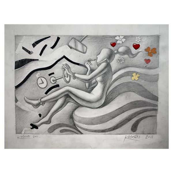 Mark Kostabi "Driving The Point Home" Hand Signed Original Artwork with COA.