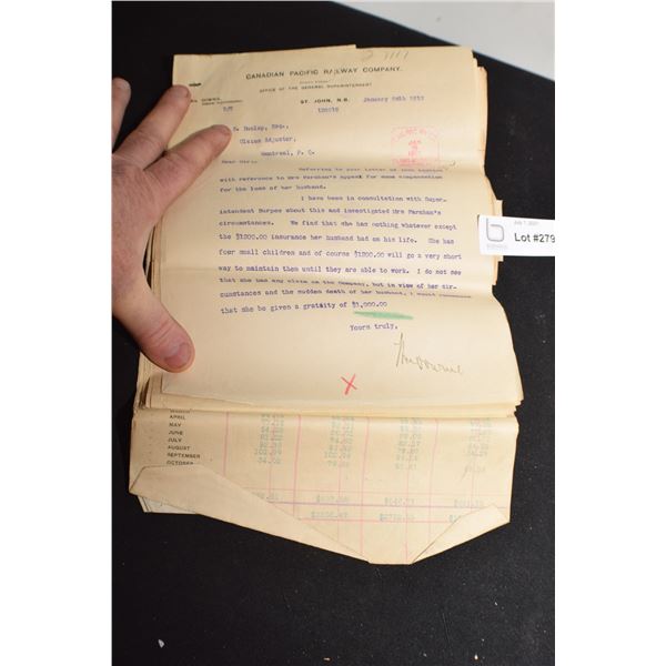 1912 THICK FILE ON KILLED CPR RAILWAY EMPLOYEE / SETTLEMENT