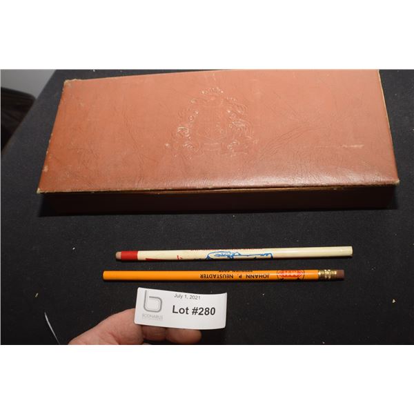 ANTIQUE BOX C/W MASSEY HARRIS AND WWII VICTORY PENCIL