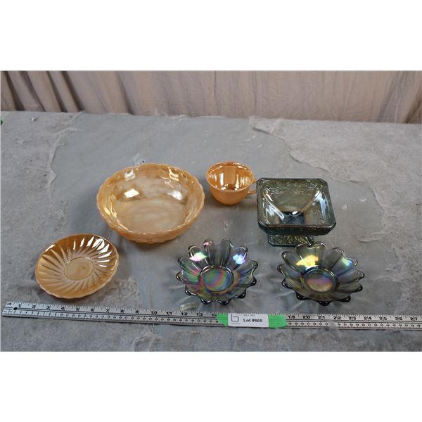 Peach Luster Dish + ornamental candy dishes with peach fire-king cup+saucer