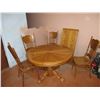 Image 1 : Round Oak? Dining table Set with Leaf + 4 chairs (one needs repair)