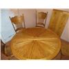 Image 2 : Round Oak? Dining table Set with Leaf + 4 chairs (one needs repair)