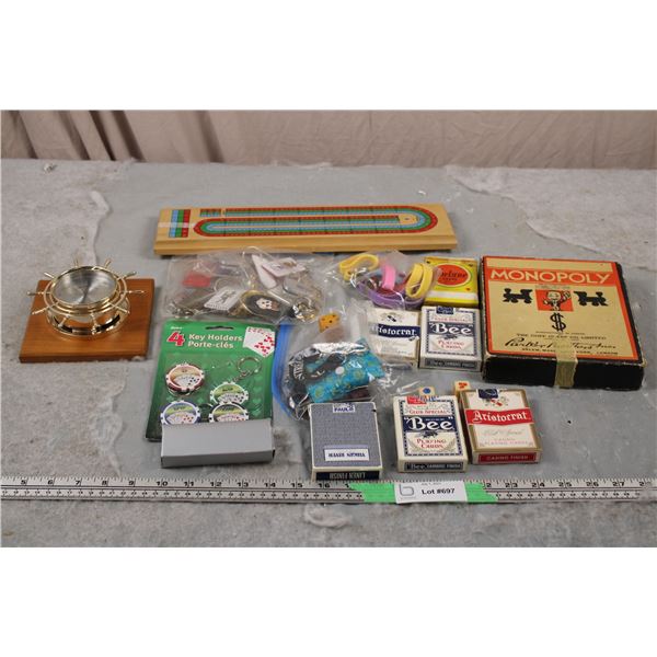 Vintage Monopoly Game (No Board) Plus Other Games, Keychains, and Misc