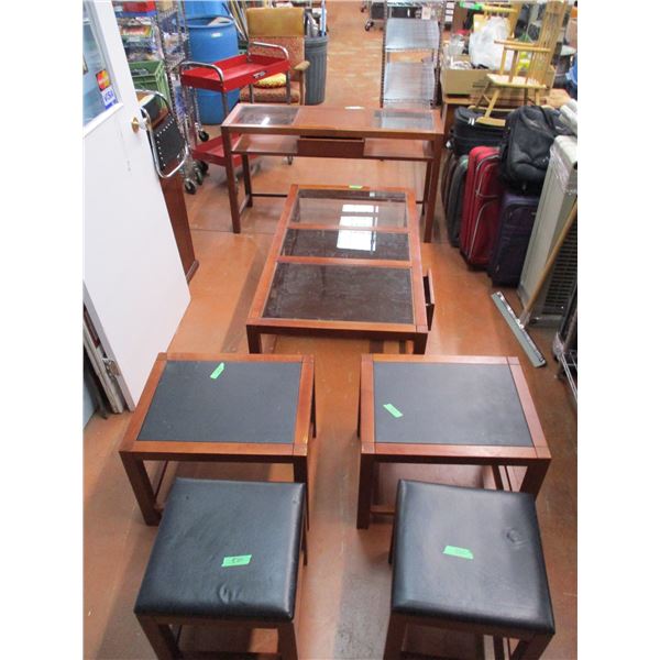 6 piece SET - Glass Coffee Table, Glass Desk, 2 side tables + 2 foot stools