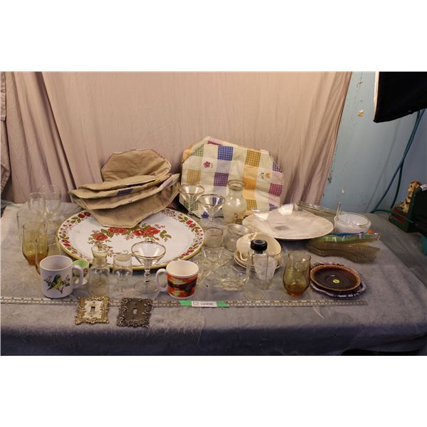 Tin Platter, Glassware, Plus Misc