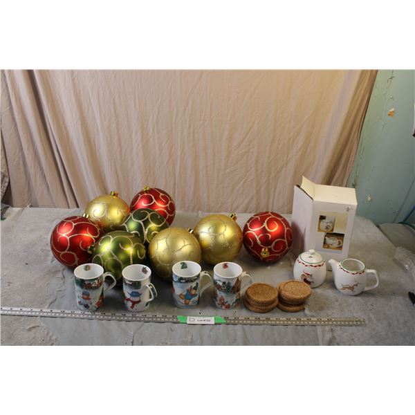 Christmas Cream and Sugar Set Plus Christmas Decorations