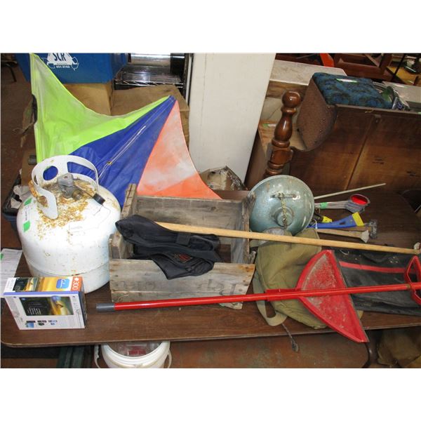Reflector Markers, Propane Tank, Travel Bags, Roller Bearings, Vintage Heating Lamp