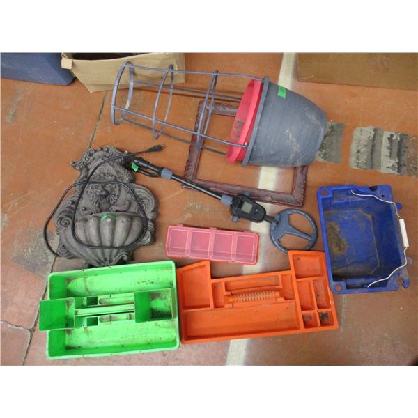 Metal Detector (working), Lion Head Fountain + Flower Planters + misc Parts Containers