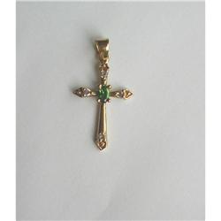 OLD 14K & EMERALD & DIAMOND TINY CROSS PENDANT #1848885