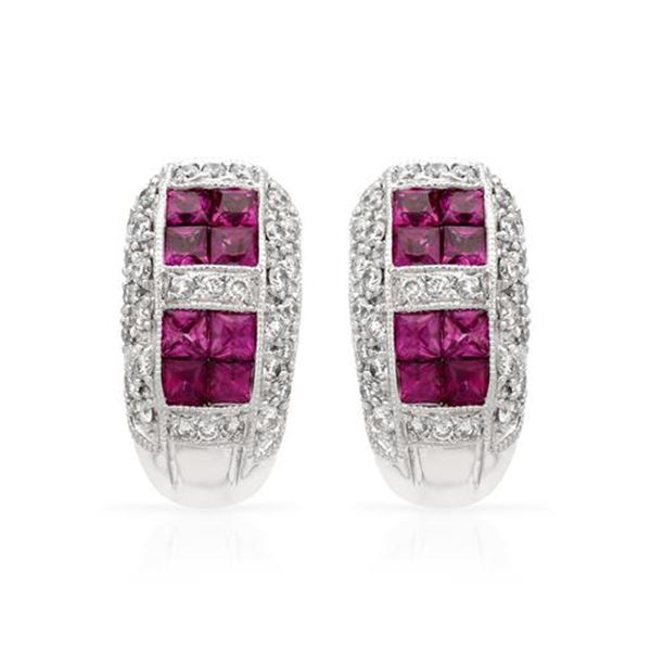 Natural 2.10 CTW Ruby & Diamond Earrings 18K White Gold - REF-144N2Y