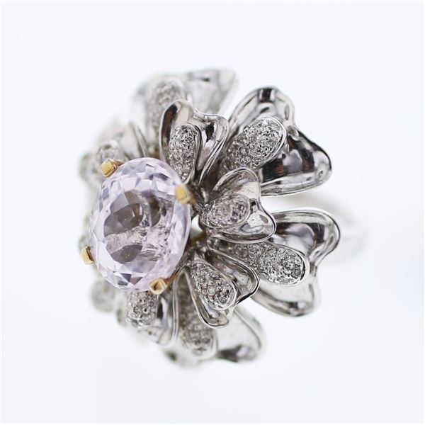 Natural 5.79 CTW Kunzite & Diamond Ring 18K Two Tone Yellow Gold - REF-251K3R