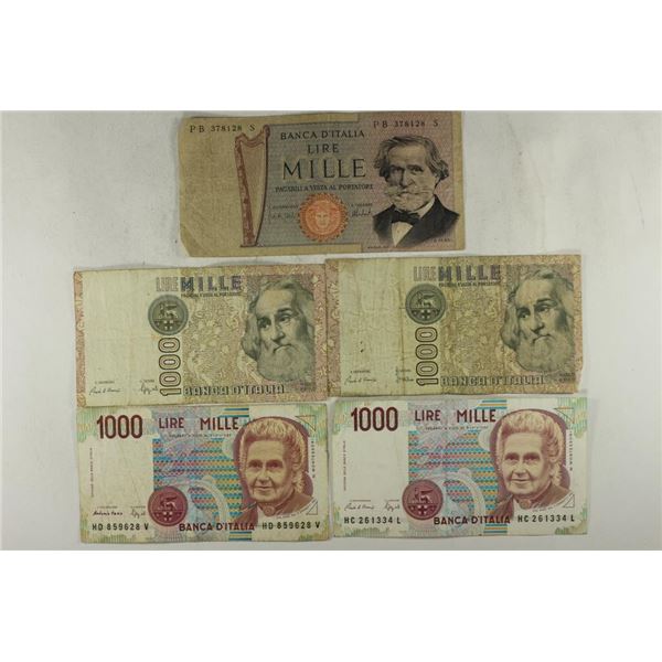 5-ITALIAN 1000 LIRES BILLS, 3 DIFFERENT STYLES