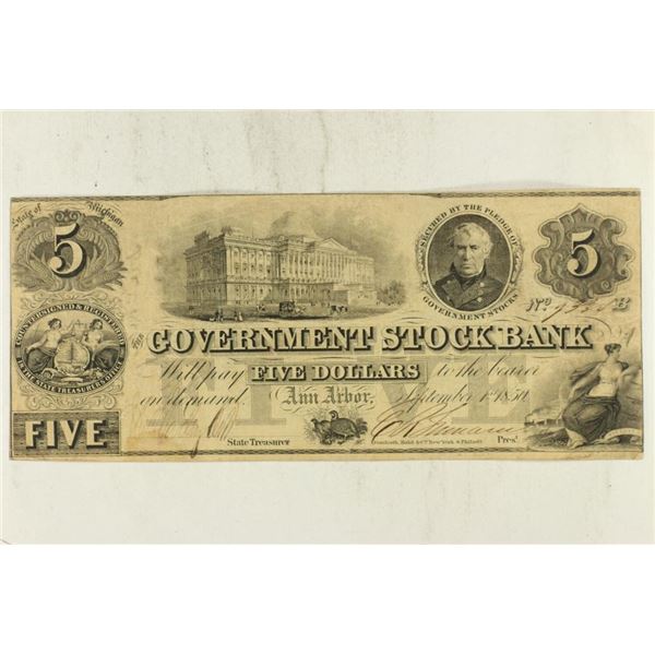 1850-GOVERNMENT STOCK BANK ANN ARBOR $5