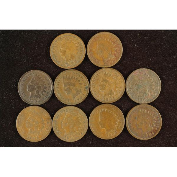 10 ASSORTED 1900'S INDIAN HEAD CENTS