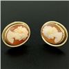 Image 3 : Vintage 14K Yellow Gold Oval Carved Shell Cameo Framed Screw Back Stud Earrings