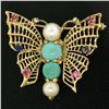 Image 1 : 14k Yellow Gold Open Turquoise Pearl Sapphire Ruby Diamond Butterfly Brooch Pin