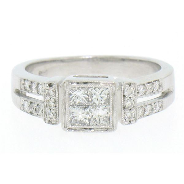 Modern 18k White Gold Princess & Pave Diamond Band Ring in Invisible Setting