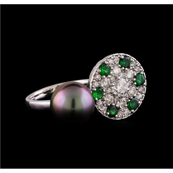 1.37 ctw Diamond, Tsavorite and Pearl Ring - 14KT White Gold