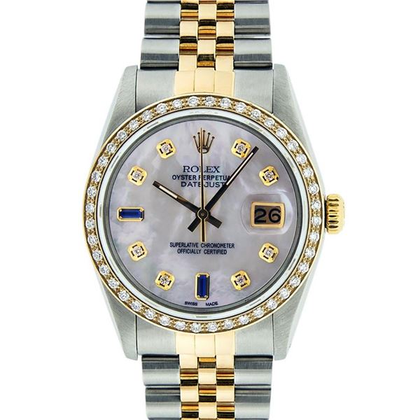 Rolex Mens 2 Tone Mother Of Pearl Diamond 36MM Datejust Wristwatch