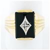 Image 1 : Men's Vintage 14K TT Gold Rectangular Black Onyx & Diamond Ribbed Grooved Ring